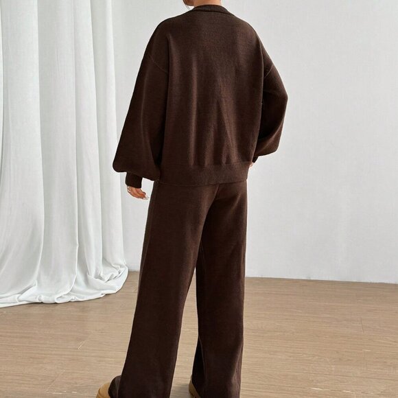 Brown Casual Women's Tie-Front Cardigan And Sweatpants Set - Picture 2 of 7